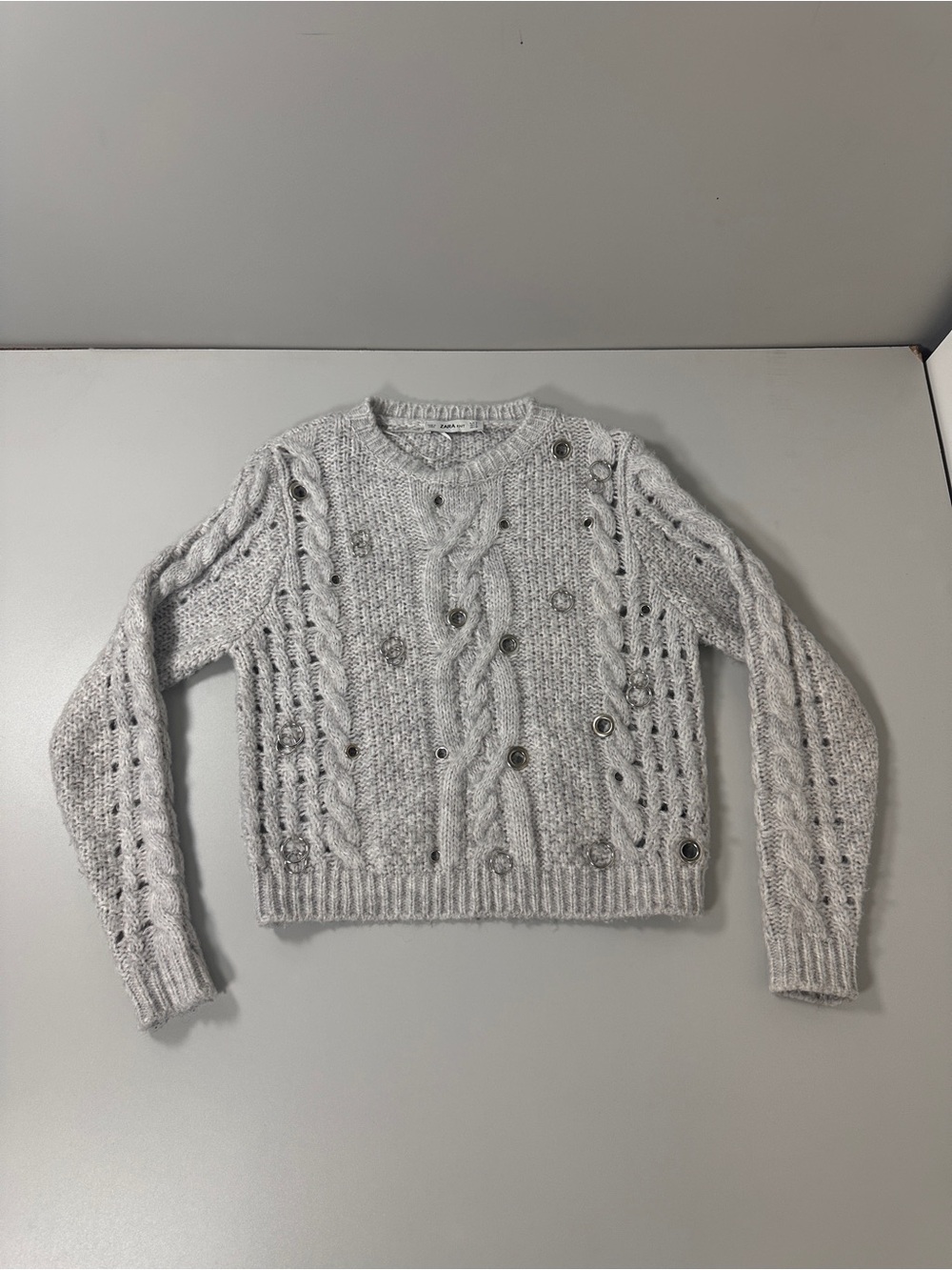 Zara Light Gray Cable Knit Crewneck Sweater with Grommet Detail